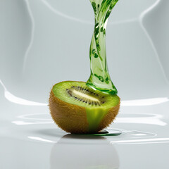 A ripe green kiwi with splashes of watery green fluid