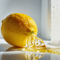 A bright, yellow lemon splashing with vivid yellow fluid that mimics juice droplets