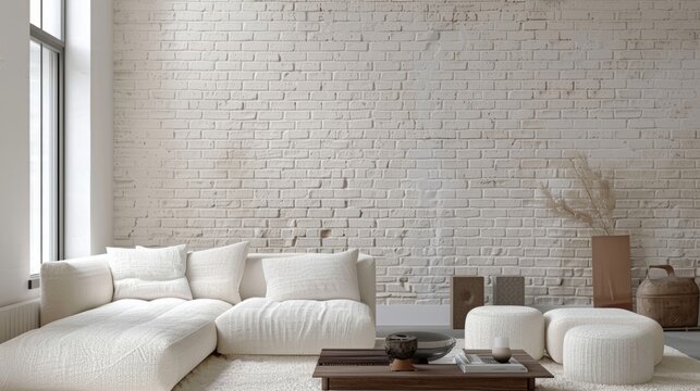 A minimalist design with a stark white brick wall creating a bold and edgy look in the living room.