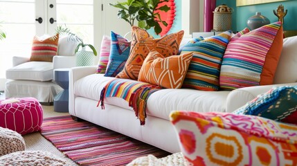 A bright and cheerful living room featuring a collection of vibrant textured cushions in playful patterns adding a pop of color to the space.