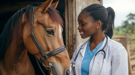 Fototapeta premium An African female veterinarian at a stable with a horse for examination