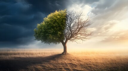 Fototapeta premium A solitary tree stands in a vast, open field, comparison of fertile trees and dry trees