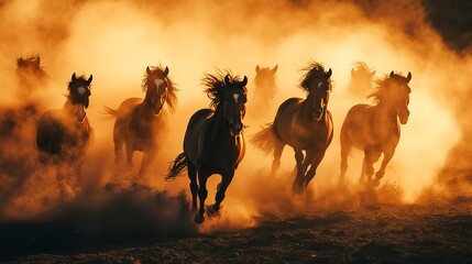 Fototapeta premium wild horses running in groups through the dust and smoke at river.
