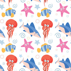 Seamless pattern of marine animals, jellyfish, shark, coral fish, children's background of sea ocean life, suitable for textiles, wallpaper and marine themed designs.
