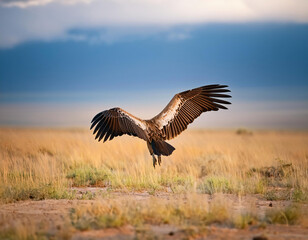 Wild white backed vulture spreading wings about to landing on blurred nature background