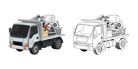 Obraz premium Pickup Truck Loaded Household Junk Cartoon Design Illustration vector eps format suitable for your design needs logo illustration animation etc