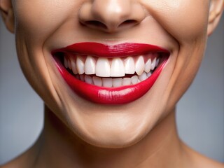 Obraz premium Beautifully aligned teeth and gums, enhanced by dental veneers and whitening, create a confident, radiant smile and perfect oral aesthetic, boosting overall self-assurance.