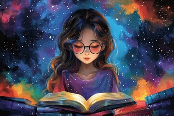 A delightful girl with glasses sits on books, reading under a sky of colorful stars, rendered in a playful color pencil drawing style.