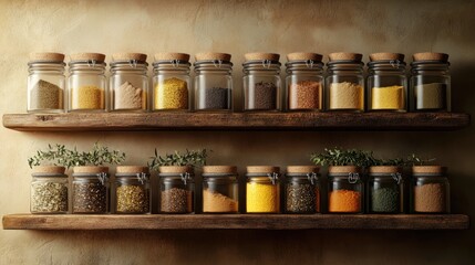 collection of glass jars filled with organic herbal powders, arranged neatly on a wooden shelf, soft ambient lighting, warm and natural tones