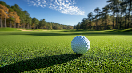 Fototapeta premium A close-up view of a golf ball on a perfectly manicured green, surrounded by trees under a clear blue sky. The image captures the calm, focused atmosphere of a beautiful day on the golf course.