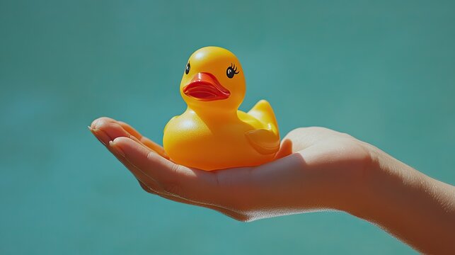 Color photo of someone holding a rubber duck, looking at it seriously, bright daylight, playful and absurd atmosphere