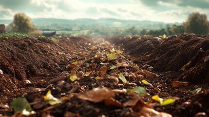 composting site, with rows of organic waste piles breaking down into rich soil, bright daylight, natural and sustainable tones
