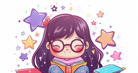 Illustrated in vibrant colors, a girl with brown hair and glasses, wearing a purple shirt, reads from an open book while sitting on a stack of books