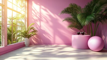 Pink Room Interior with Palm Trees, Sunlight, and Sunglasses