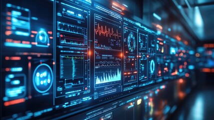Fototapeta premium digital patient record system, data displayed on multiple screens, bright lighting, sharp and futuristic design