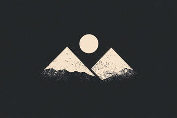 Minimalist logo with mountains and sun in geometric design.