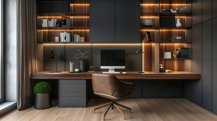 Modern Home Office Interior Design with Wooden Desk and Black Cabinetry 3D Illustration