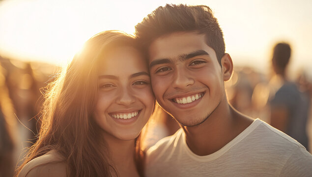 Young Hispanic couple enjoying a romantic golden hour at beach
