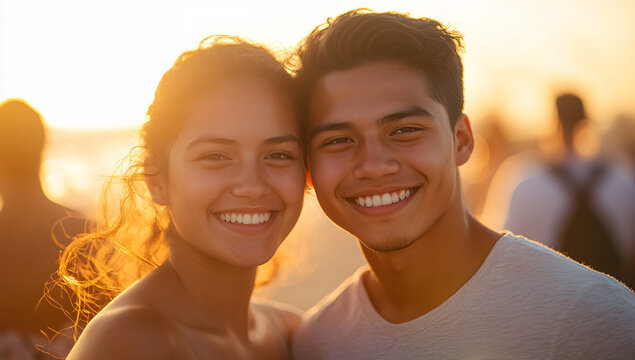 Young Hispanic couple enjoying a romantic golden hour at beach - Powered by Adobe