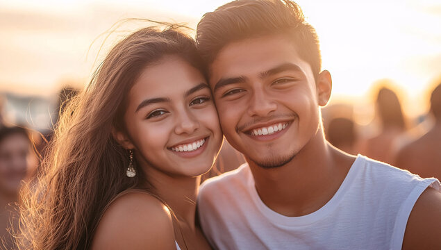 Young Hispanic couple enjoying a romantic golden hour at beach
