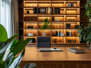 Modern Office Interior Design with Wooden Bookshelf and Desk