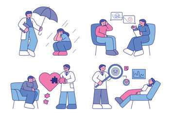 People who are mentally struggling are receiving treatment from a psychiatrist. outline simple vector illustration.
