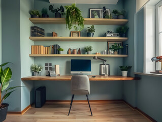 Fototapeta premium Modern Home Office Interior Design with Wooden Desk and Shelves - Realistic Image