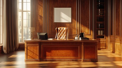 empty executive office, polished desk and leather chair, soft afternoon light, warm tones
