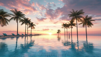 Obraz premium empty luxury resort pool at sunset, with palm trees and loungers reflected in the water, soft ambient lighting, tropical and tranquil tones