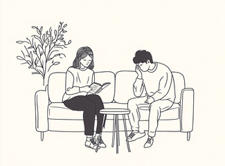 Woman comforting a crying person in simple line art.