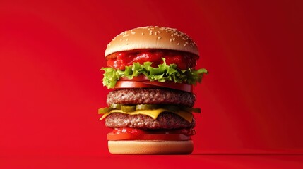 A very tall hamburger, over a red background with generative ai