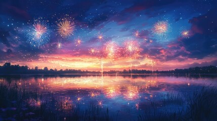 Fototapeta premium fireworks display reflecting off a lake, bright colors lighting up the sky, serene and festive atmosphere