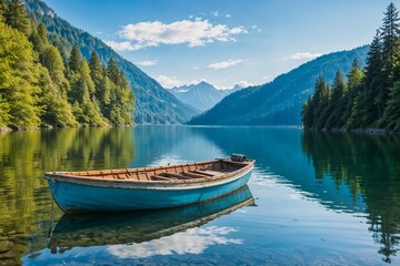 Obraz premium Tranquil mountain lake scene with a wooden boat docked by the shore, surrounded by lush green forests and clear blue sky.