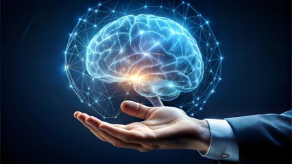 Close up of hand holding glowing digital human brain hologram on dark background 