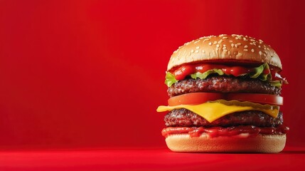 A very tall hamburger, over a red background with generative ai