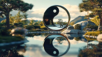 Mental balance visualized by a yin-yang symbol with contrasting images of work and relaxation