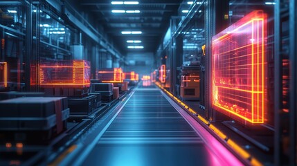 Futuristic Automated Warehouse with Glowing Digital Interfaces and Robotic Systems in a High-Tech Industrial Setting