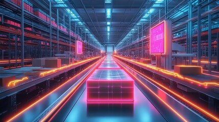 Futuristic Automated Warehouse with Neon Lights and High-Tech Robotics for Efficient Logistics and Inventory Management