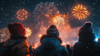 group of people bundled up in winter clothing, watching fireworks outdoors, bright lighting, vibrant and communal atmosphere