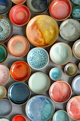 Various ceramic plates in light blue, navy blue, brown, and white displayed from a top-down view on a white background, highlighting different patterns and sizes.
