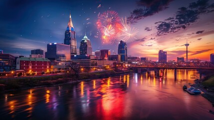 Fototapeta premium Nashville Skyline with Fireworks
