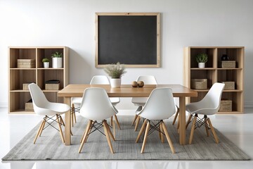 Sleek minimalist blackboard table surrounded by iconic white shell chairs, paired with wooden storage cubes and a neutral woven rug, isolated on a white background.