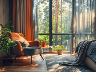 Cozy Living Room with Orange Armchair and Forest View Illustration