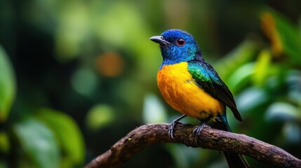 Obraz premium Colorful Bird Perched on Branch in Lush Green Foliage