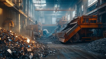 Fototapeta premium industrial facility processing scrap metal, with large machines crushing and sorting materials, bright overhead lighting, efficient and industrial tones