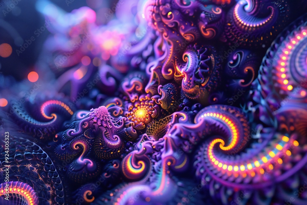 Poster abstract 3d render of neon fractals with intricate patterns and glowing details , created ai