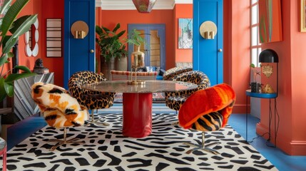 A vibrant space filled with clashing patterns and bold textures showcasing a mix of animal print dining chairs and a graphic geometric rug.