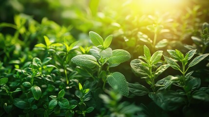 lush herb garden, with medicinal plants thriving in the sunlight, bright daylight, vibrant and serene atmosphere