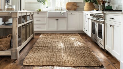 A rustic farmhouse kitchen featuring a large braided jute rug evoking a cozy and inviting feel in the space.