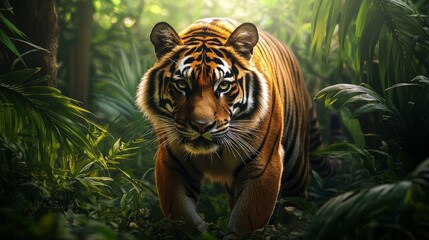 Fototapeta premium majestic tiger prowling through the jungle, bright sunlight filtering through the trees, powerful and stealthy atmosphere